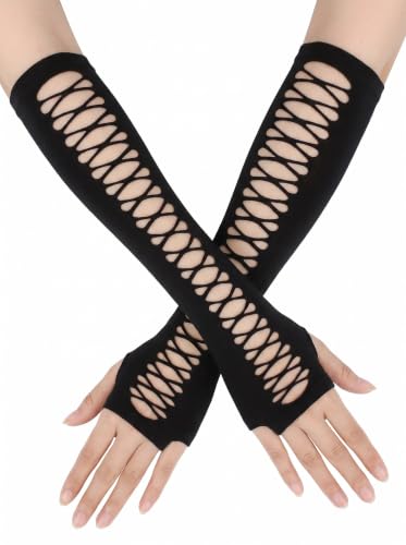 Avidlove Long Black Fishnet Gloves for Women Cut Out Fingerless Arm Sleeve - image 1