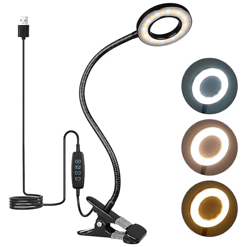 VELOGA Lámpara de escritorio LED alimentada por USB, 3 modos de color, 10 niveles de brillo, cuidado de los ojos, lámparas de escritorio flexibles de cuello de cisne, lámpara de mesa con clip, lámpara