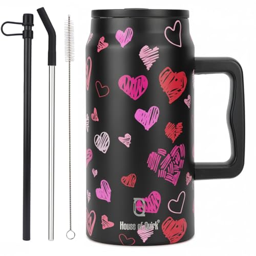 Image of House of Quirk 1500ML Stainless Steel Mug Tumbler with Handle & Straw Lid - Large Water Bottle for Men & Women (Black Heart)