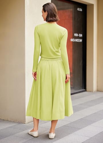 Image of Panadila Womens 2 Piece Lounge Sets Matching Vacation Outfits Ribbed Button Down Cardigan and Elastic Waist Skirt Sets (Palm Green,XL)