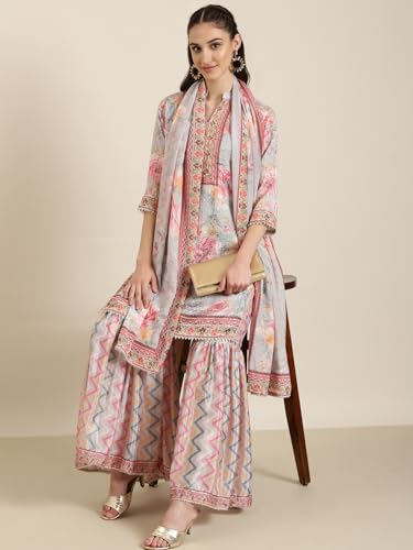 Image of SHOWOFFFF Women Printed Three-Piece Straight Ethnic Kurta Set | Mandarin Collar 3 /4th Sleeves Crepe Kurta Set's for Womens | Mid-Rise Regular Fit Above Knee Kurta Set for Women's
