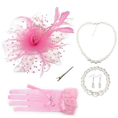 AQOKKA Women Fascinators Hats Veil Mesh Tea Party Derby Hat Bow Lace Gloves Pearl Jewelry Set for Women Cocktail Wedding