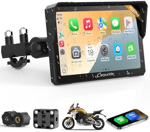 Carpuride W702T Pro Motorcycle Carplay Screen with TPMS System, Wireless CarPlay & Android Auto, Portable 7" Waterproof Touchscreen, Dual Bluetooth, Intercom Function, Navigation, Compass, Barometer.