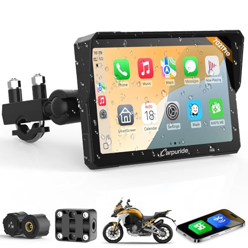 Carpuride W702T Pro Motorcycle Carplay Screen with TPMS System, Wireless CarPlay & Android Auto, Portable 7" Waterproof Touchscreen, Dual Bluetooth, Intercom Function, Navigation, Compass, Barometer.