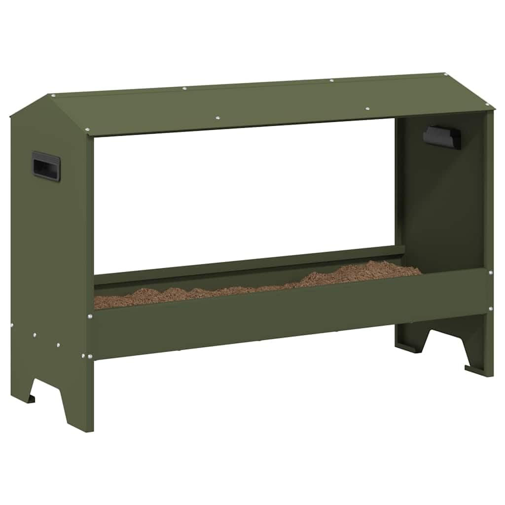 Rynna do karmienia kurcząt, oliwkowa zieleń, 81 x 32 x 53,5 cm, odporna na warunki atmosferyczne, trwała, o pojemności 15 kg, do użytku wewnątrz i na zewnątrz, łatwe czyszczenie, wytrzymała