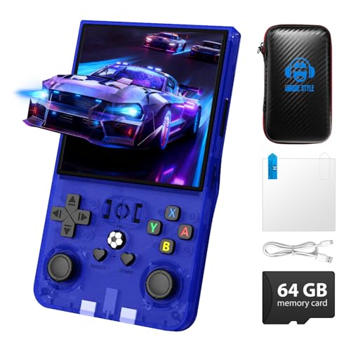 Image of R36MAX Retro Handheld Game Console, 4.0 inch Retro Gaming Console with 64GB Memory, Portable Retro Video Games Console, 4000mAh Battery, Support 30+ Emulators, Transparent Blue