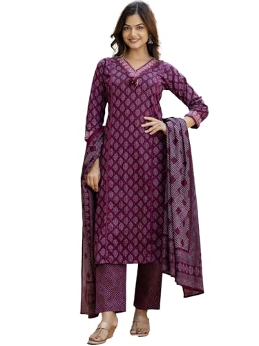 Image of PARTHVI|Women's Pure Cotton Printed with Handwork Kurta with Pants and Dupatta Set | Ethnic Set | Suit Set | Kurta Set | Wedding Suit Set