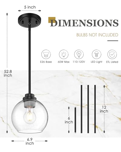 Image of 2-Pack Pendant Lights Kitchen Island, 7 inch Modern Black Hanging Lights Fixtures with Clear Seeded Glass Globe Shade, Kitchen Island Lighting for Bathroom, AD-22280-1P2-BK-S