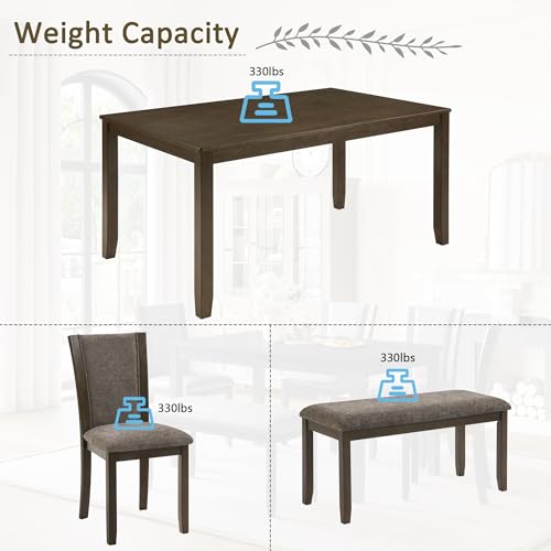 Image of KEIKI 6-Piece Standard Height Dining Table Set with Rectangular Table, 4 Upholstered Chair, Bench, for 6 Person, Modern Style Wooden Table Set, Easy Assembly, for Kitchen, Dining Room, Dark Walnut