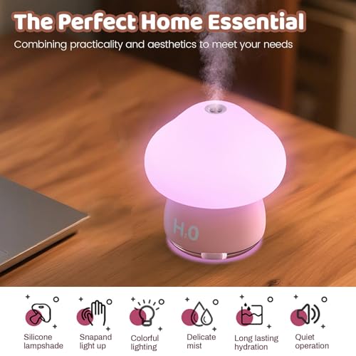 AVEKI Cool Mist Air Humidifier, 200ML Mushroom Shaped Essential Oil Diffuser with 7 Color Touch Night Light, USB Personal Desk Humidifier for Bedroom Office Home, Auto Shut-Off & Super Quiet (Pink) - Image 5