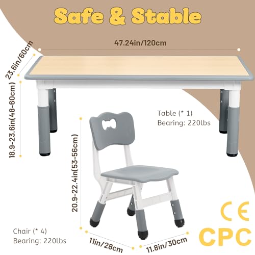 Image of FUNLIO Kids Table and 4 Chairs Set for Ages 3-8, Height Adjustable Toddler Table and Chair Set, Easy to Wipe Arts & Crafts Table, for Classrooms /Daycares /Homes, CPC & CE Approved (5-Piece Set) - Gray