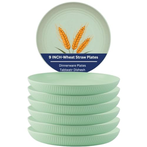 Image of Wheat Straw & Bamboo Fiber Plates Set, Lightweight Unbreakable Dinner Plates, Microwave and Dishwasher Safe, Plates Easy to Clean & Reusable (9 Inches, Green, Set of 6)