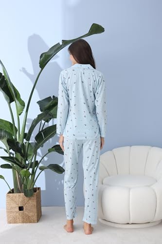 Kadın Çiçek Desenli Penye Süprem Pamuklu Kumaş Önden Düğmeli Gömlek Yaka Uzun Kollu Pijama Takımı - Görsel 3