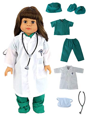 American Fashion World Green Doll Doctor 7 Piece Outfit for 18 inch Dolls Such as American Girl Dolls