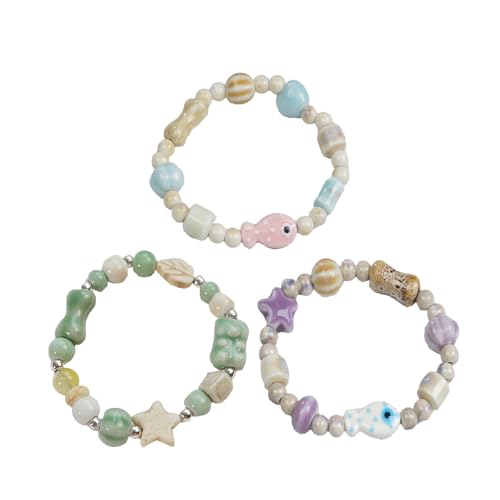3 Pcs For Ceramic For Beaded Bracelet Vintage for Flower Glazed Bracelet Multicolor Elastic Handmade Simple Ethnic Style Hand Ch