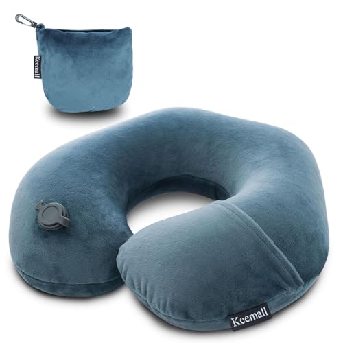 Image of Keemall Inflatable Neck Pillow - Premium Soft Velvet Travel Pillow for Airplane, Train & Bus Travel, Ergonomic U-Shape for Neck Pain Relief, Lightweight Compact with Washable Cover