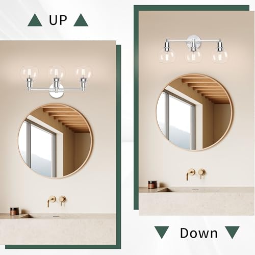 Image of 3 Lights Bathroom Vanity Light Fixtures Chrome, Bathroom Lights Over Mirror, Industrial and Farmhouse 3 Light Wall Sconce, Polished Chrome Globe Vanity Lighting Fixtures