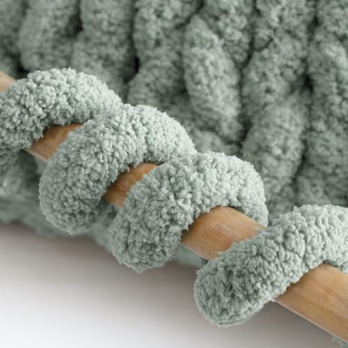 Mellobello Jumbo Chunky Yarn for Hand Knitting - Super Thick Chenille Chunky Yarn for Crocheting - Extra Soft Bulky Fluffy Blanket Big Yarn 8 Jumbo Pack (27yds,8 oz Each Skein) Sage Green