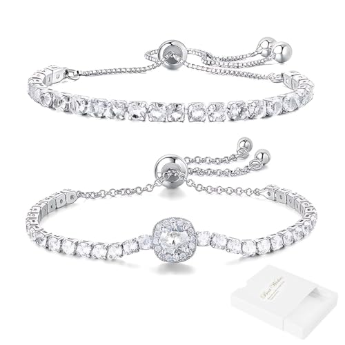 Pulseras para Mujer, 2 Piezas Pulsera de Tenis Plata, Pulsera de Brillantes Mujer, con Puños Abiertos, Pulsera Circonita Cúbica, Pulsera Tenis Mujer de Cristal para Mujer Regalo Joyas