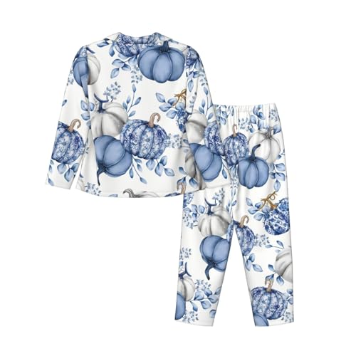 Fall Pumpkin Pajama Women'S Blue Pumpkin Bows Pajamas Set Long Sleeve Long Pants 2pcs Sleepwear2