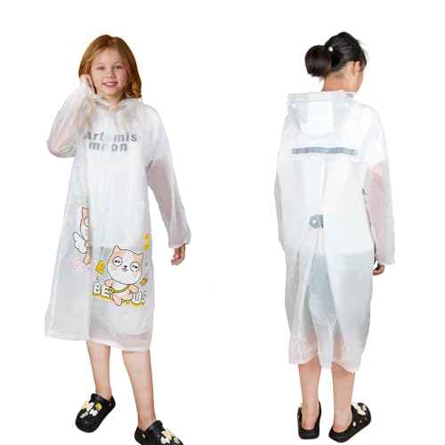 Kids Raincoats Waterproof Rain Jacket Cartoon Poncho Toddler Rain Jacket Hooded Reusable Rain Ponchos for Boys and Girls (US, Alpha, Large, White)