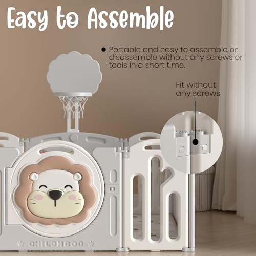 Image of 46 Sq Ft Extra Large Baby Playpen | Lion-Themed 20-Panel Play Yard with Soft Mat & Basketball Hoop | Indoor /Outdoor Toddler Fence | Grey-White | ISO & CE Certified