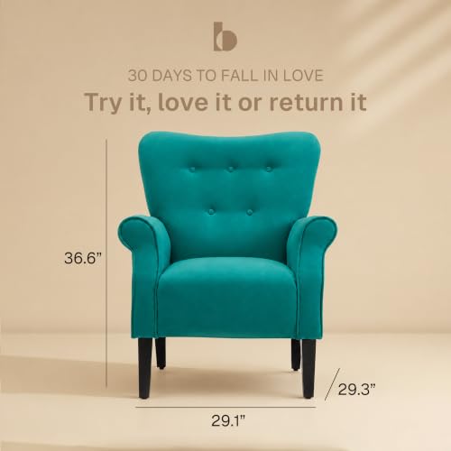 Image of BELLEZE Modern Accent Chair, High Back Armchair, Upholstered Wingback Side Chair, Padded Single Sofa with Wooden Legs for Living Room, Bedroom - Mallard Teal