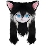 Licsaliwe Máscara de animal peludo de cabeza completa con ojos y orejas grandes, disfraz de fursuit para Halloween y cosplay (negro)