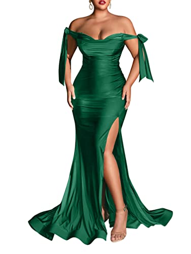 XXTAXN Women's Summer Prom Off The Shoulder Straps High Waist Split Evening Party Maxi Dress Green