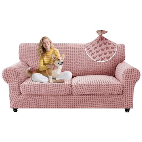 MAXIJIN 3 Pieces Stretch Couch Covers for 2 Cushion Couch Washable Sofa Cover with 2 Extra Large Seat Soft Loveseat Sofa Slipcovers with Non Slip Strap (Pink), 71"-91"(2 XL Cushions)