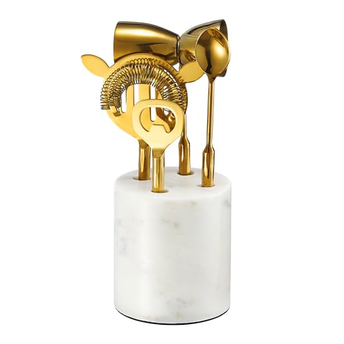 5-Piece Gold & Marble Bartender Kit with Stand, Stainless Steel Bar Tool Set, Includes Jigger, Strainer, Spoon, Bottle Opener Luxury Home Bar Cart Accessories, Luxury Cocktail Decor & Mixer Gift Set