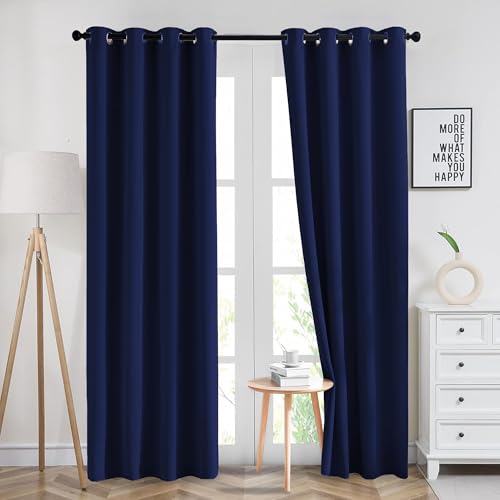 Imperial Rooms Blackout Ring Top for Living Room 66x72 Inch Luxury Thermal Insulated Darkening Super Soft Navy Curtains 2 Panel with Two Tie Backs