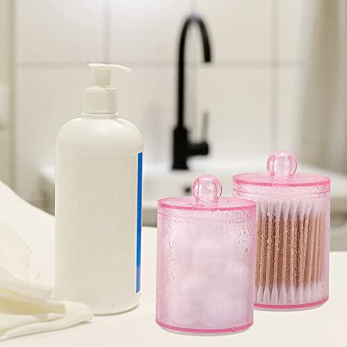 Image of Tbestmax 2 Pack Qtip Holder Bathroom Jars Canisters for Cotton Ball Swab Pad Storage Dispenzer, Pink 10-Ounce