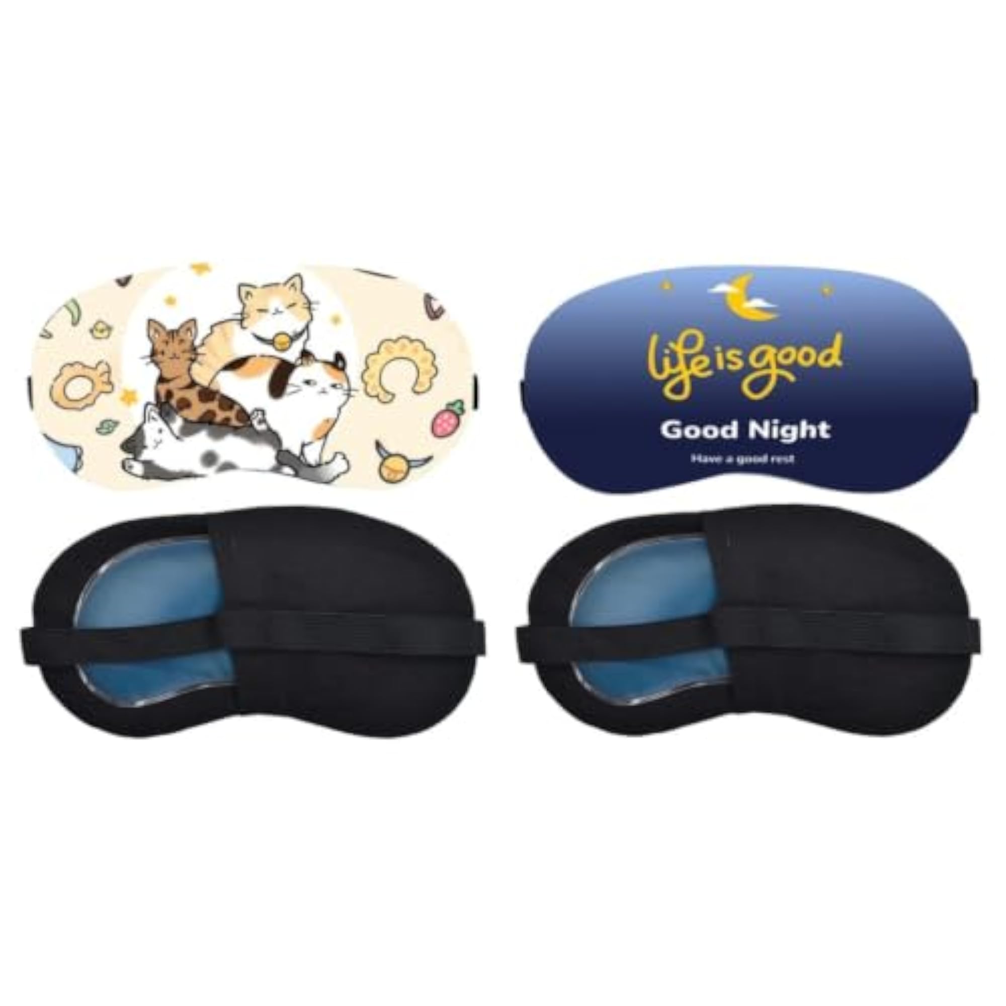 Playful Cats Pattern Life Is Good Night Quote Sleeping Mask Combo, Light-Blocking Eye Cover
