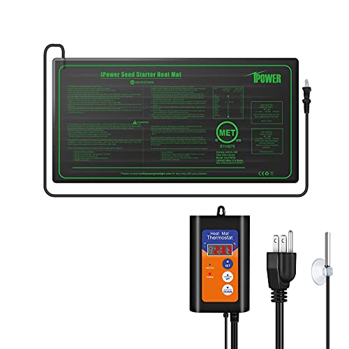 iPower 40-108 Degrees Fahrenheit Digital Heat Mat Thermostat Controller and 10" x 20" Hydroponic Seeding Warm Pad Plant Starting Kit Combo