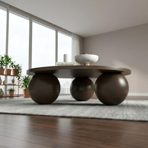 Image of Solid Mango Wood Modern - Round Coffee Table with Ball Shape Base - Bohemian Solid Wood Coffee Table for Office and Living Room C#058 (Walnut)