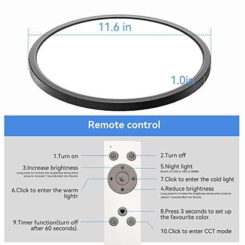 Flush Mount Ceiling Light Fixture Remote Control, Peasur 12Inch 24W Dimmable Led Ceiling Light Black 3200Lm Ceiling Lights 3000K/4500K/6000K Adjustable With Night Light For Kitchen Bedroom Dining Room #TOP3