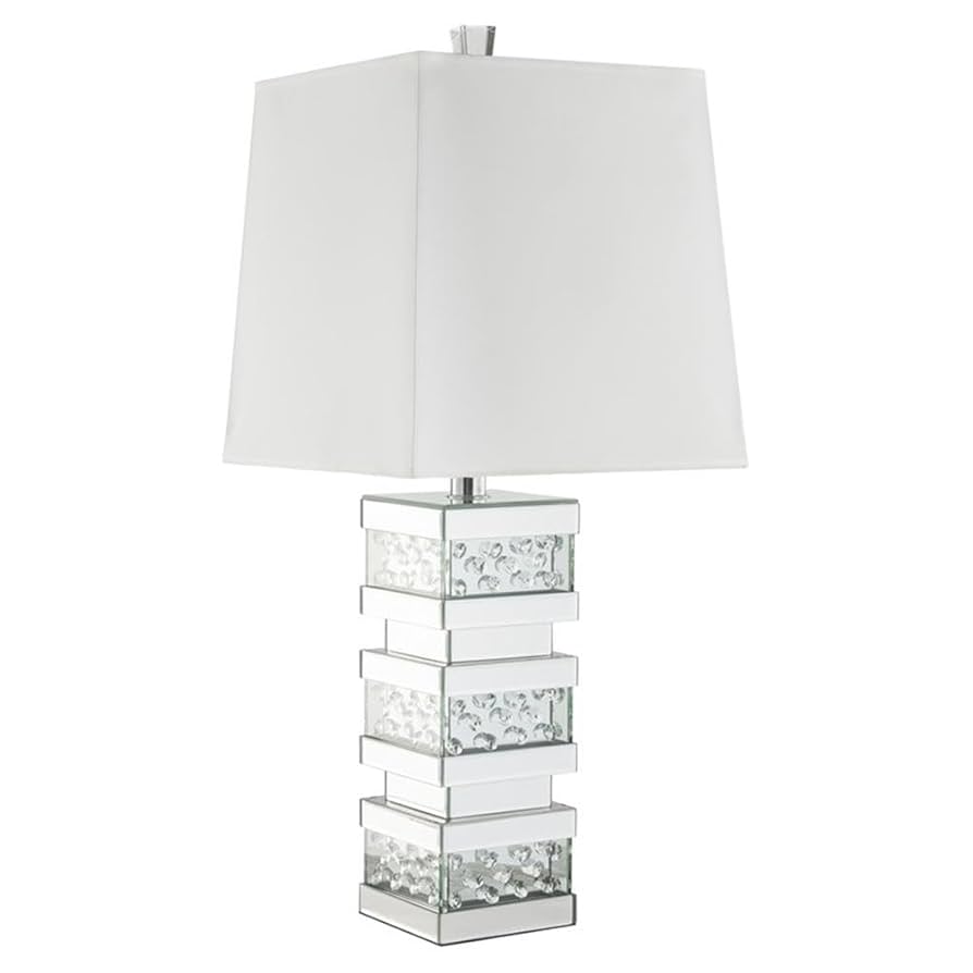 その他 ACME FURNITURE OUTDOOR LAMP NEW Acme Nysa Square Table Lamp in White Fabric and Mirrored