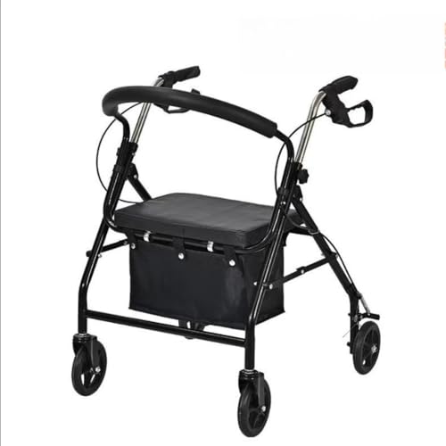 「FLYKING」ブラック/レッド カー 高齢者用 歩行器 軽量コンパクト 手押し車 室内室外兼用 ブレーキロック&高さ調節可 座席付き 歩行補助カート 折りたたみ式 組立簡単 おしゃれな歩行器 ブラック (4輪+黒+ショッピングバッグ)
