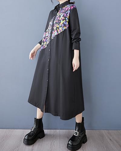 Image of ellazhu Womens Fall Casual Patchwork Funky Long Sleeve Designer Dress Loose Blouse GY2787 A