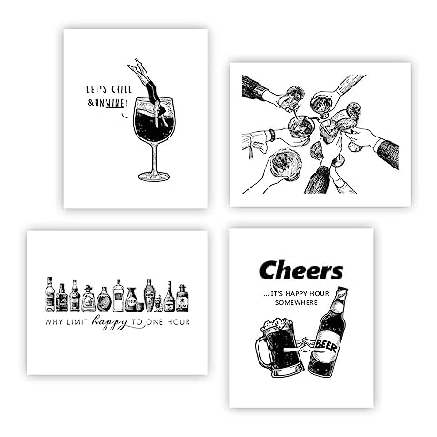 heilkee Bar Decor for Home Wine Signs Pictures Wall Decor for Kitchen Black and White Wall Art for Living Room Bar Decorations Beer Lover Gifts Set of 4(UNFRAMED 8x10in) Cover