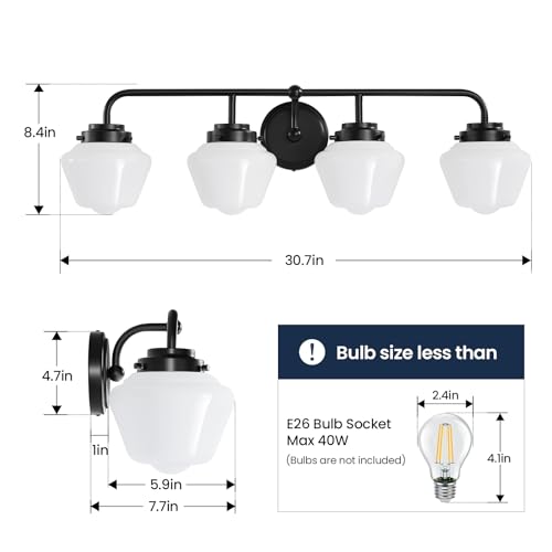 RUIYEY Bathroom Vanity Light Fixtures: 4-Light Matte Black Bathroom Lighting Fixtures Over Mirrors, Farmhouse Rustic Wall Sconce with Milky White Glass for Bath Living Room Cabinet by RUIYEY - Used condition - Image 6