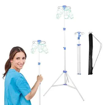2 Pcs WONDSIGHIN Foldable IV Pole with Portable Bag, Collapsible IV Pole Stand with 3 Nets for Drip Bag, Tripod IV Pole Stand Adjustable, 4 Hooks for Nursing Clinic Home Care Travel, Stable, White