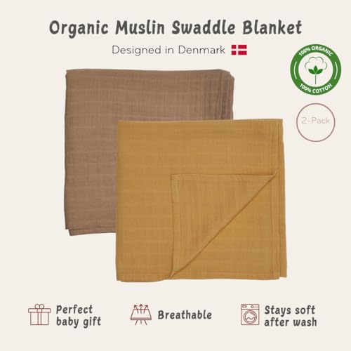 Image of Muslin Baby Swaddle Blanket 100% Organic Cotton 47 inch x 47 inch 2-Pack (Autumn Yellow /Natural)