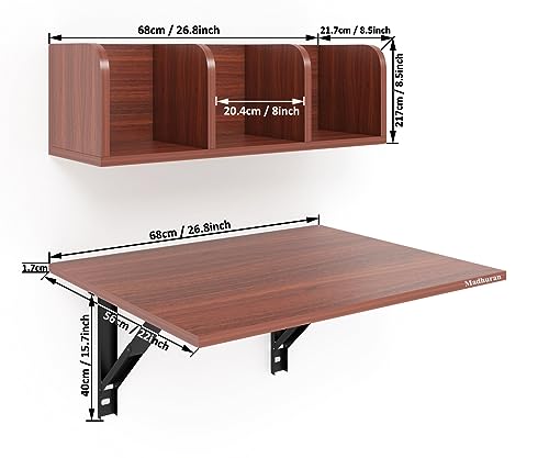 Image of Madhuran Engineered Wood Wall Mounted Folding Laptops Cum Study Table with Storage Shelf (Matte Teak) Work Home Foldable Office Study Room Books Kitchen Organizer