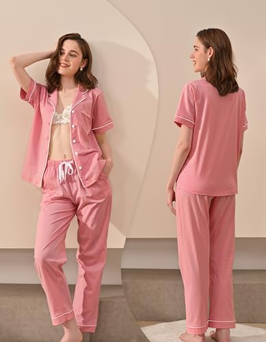 Image of NAP BOUND 100% Cotton Women's Pajama Sets Short Sleeve Button Down Soft Pjs 2 Piece Lounge Set with Pocket Nightwear XS-XXL
