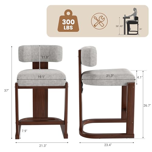 Image of Bar Stools Set of 6, Upholstered Counter Height Bar Stools, Mid Century Modern Counter Stools with Curved Backrest, Solid Wood Legs, 26 inch Bar Chairs for Kitchen Island Bar, Light Grey