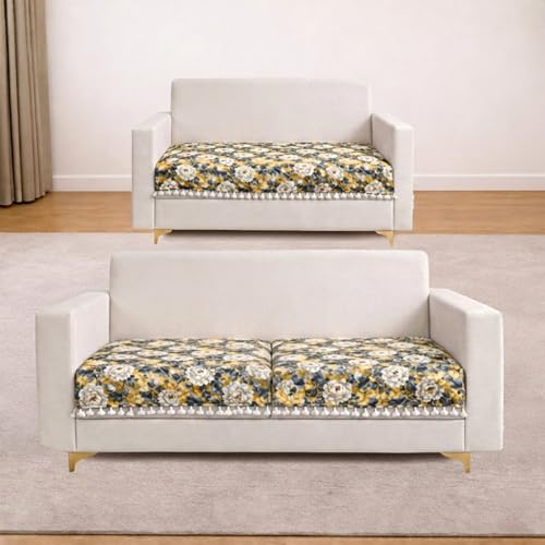 Image of Homerz Premium Printed Quilted Velvet Sofa Slip Cover Protector with Tassels, Sofa Mat, Exact Size, Antislip Cover (Antique Garden, 5 (3+2) Seater, Half)