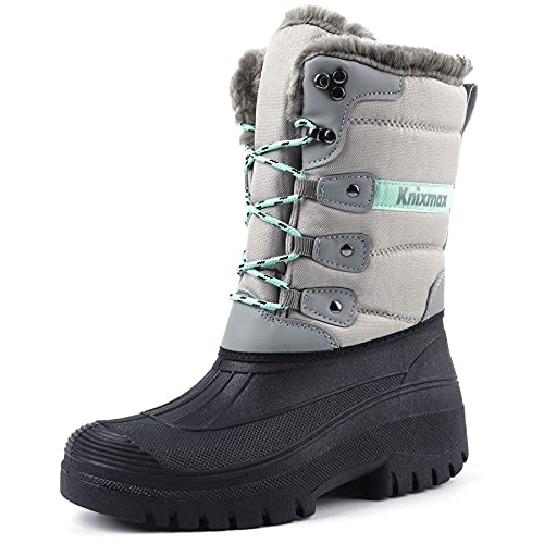 Knixmax Women's Winter Snow Boots Waterproof Mid Calf Booties Fur Lined Warm Outdoor Insulated Mucker Yard Skiing Hiking Boots Lite Grey EU 40