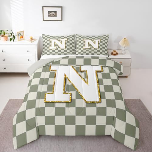 Image of Erosebridal Sage Green Checkered Comforter Set Queen Plaid Initial N Bedding Set Personalized Monogram Comforter for Kids Adults,Fashion Grids Gingham Quilt Duvet
